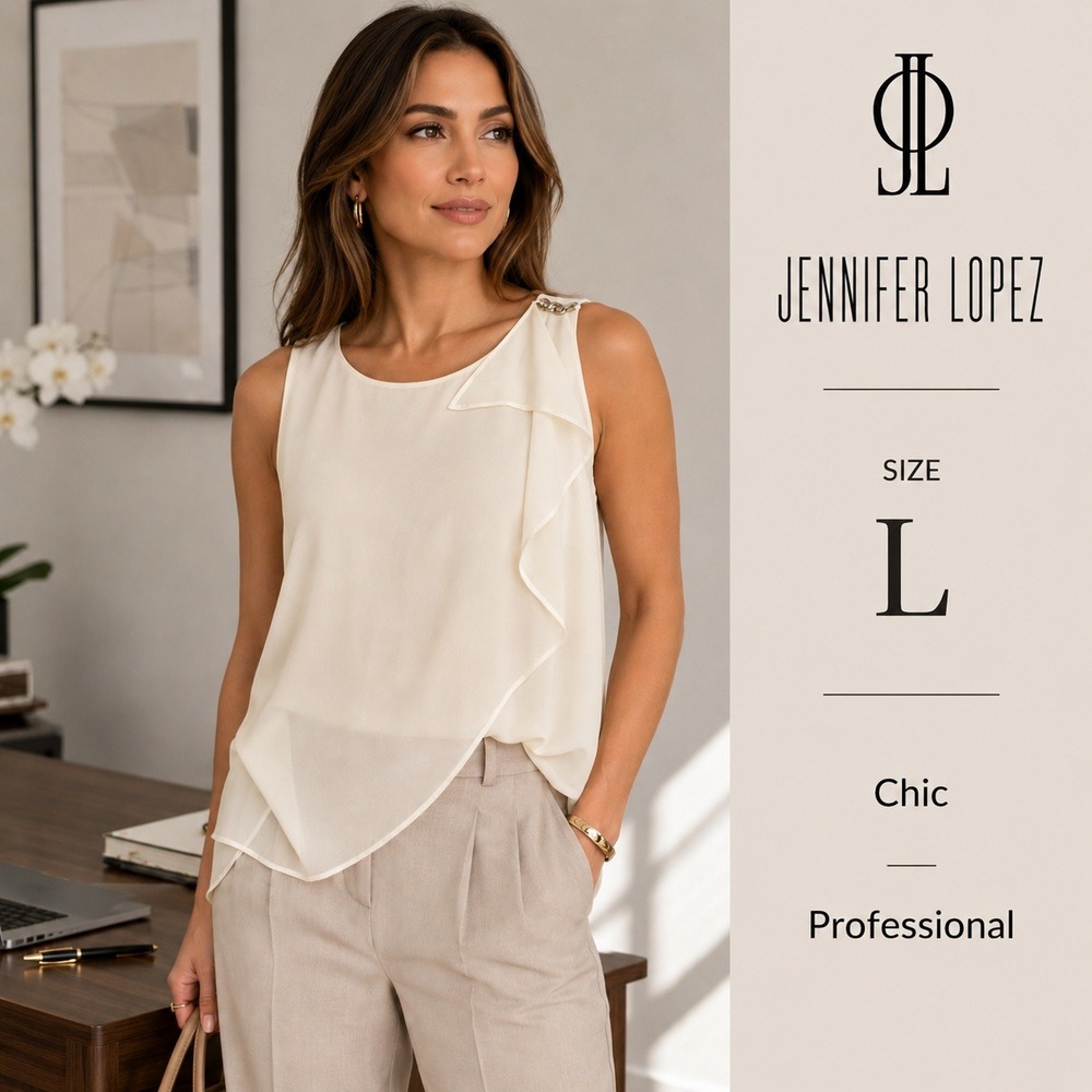 Jennifer Lopez Blouse Womens L Cream Ruffle Chain Detail Office Chic Feminine